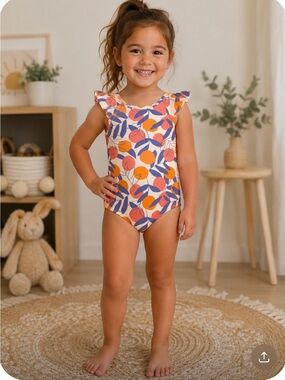 Tea Collection Orange & Purple Leaf Print Ruffle One-Piece Swimsuit